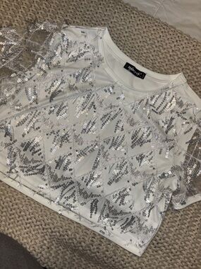 Allegra K White Sheer Sequin Detail Top